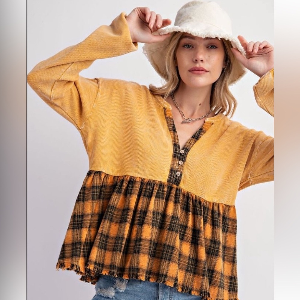 Plaid Peplum Button-Down Henley Top in Mustard